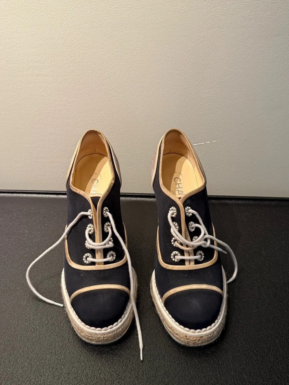 CHANEL Black Espadrille Lace-Up Platform Shoes with Beige Trim